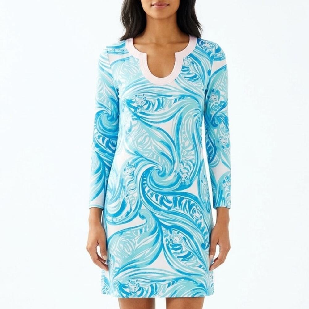 Lilly Pulitzer Marlina Shift Dress Women's L Blue Sea Ruffles White Swirl Print